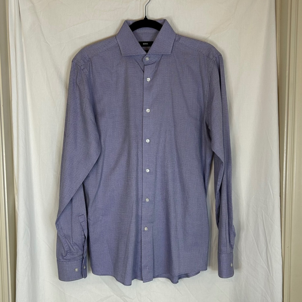 BOSS Hugo Boss Sharp Fit Dress Shirt Blue Patterned Long Sleeve Button Down